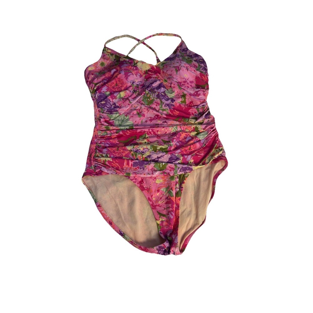 GARNET HILL Sz 10 Bandeau Ruched One-Piece Swimsuit  Pink Floral
